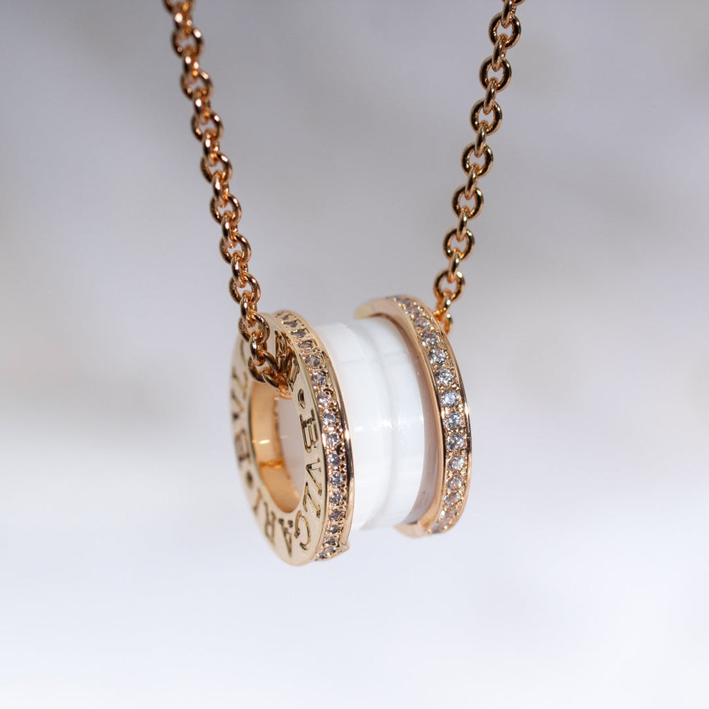 BVLGARI ZERO 1 WHITE CERAMIC PINK GOLD DIAMOND NECKLACE