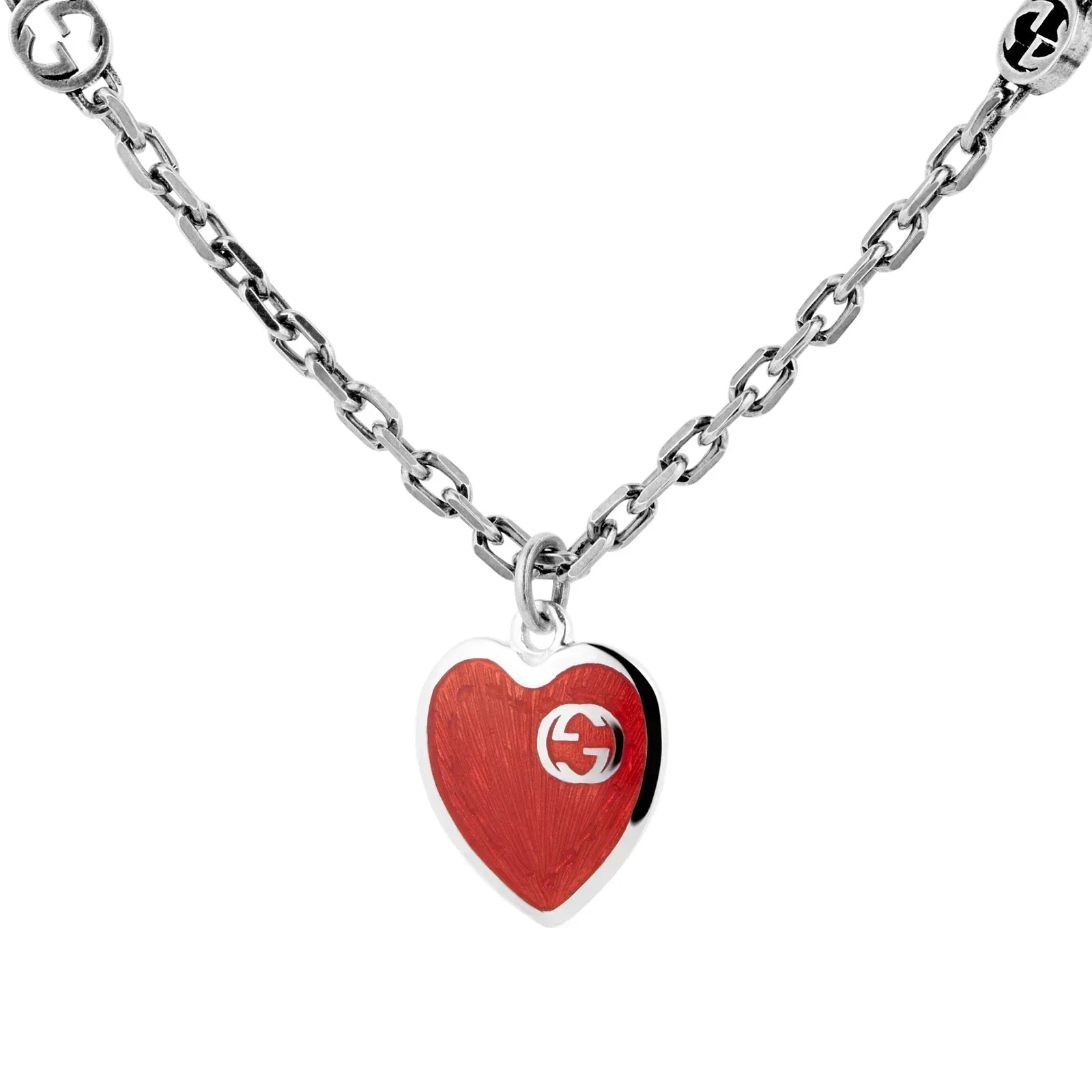 GUCCI GG HEARTS STERLING SILVER RED ENAMEL PENDANT NECKLACE