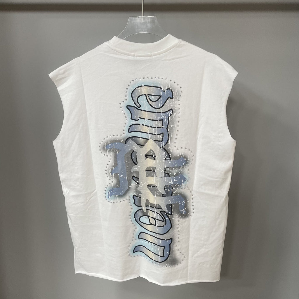 MIXED EMOTION White Vertical Wordmark Sleeveless Graphic Top — back