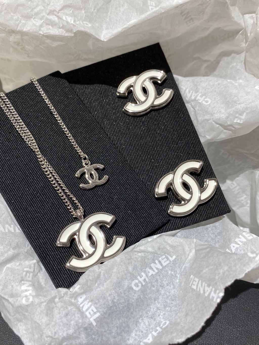 Chanel Classic White Sliver Enamel Double C Earrings