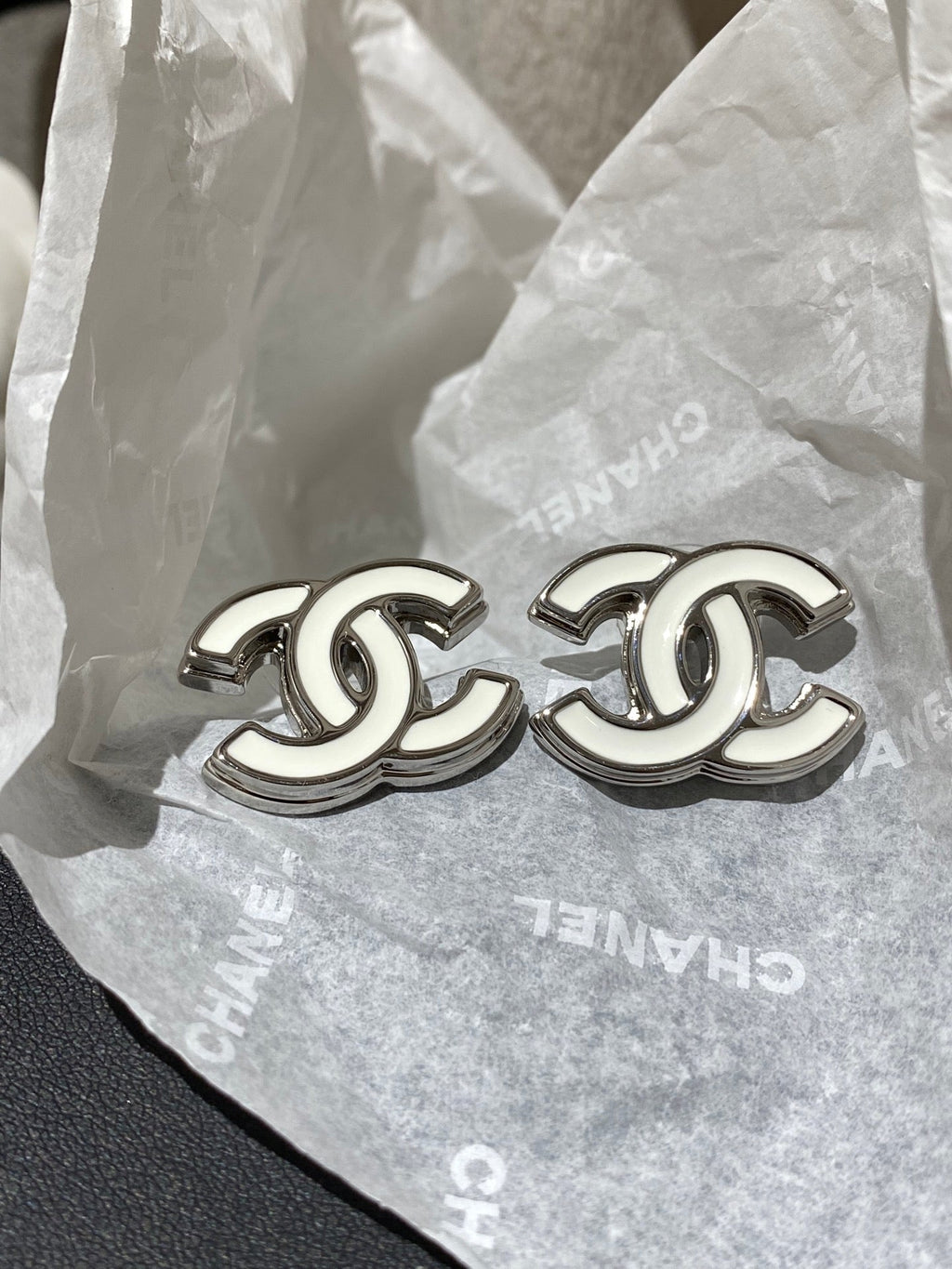 Chanel Classic White Sliver Enamel Double C Earrings