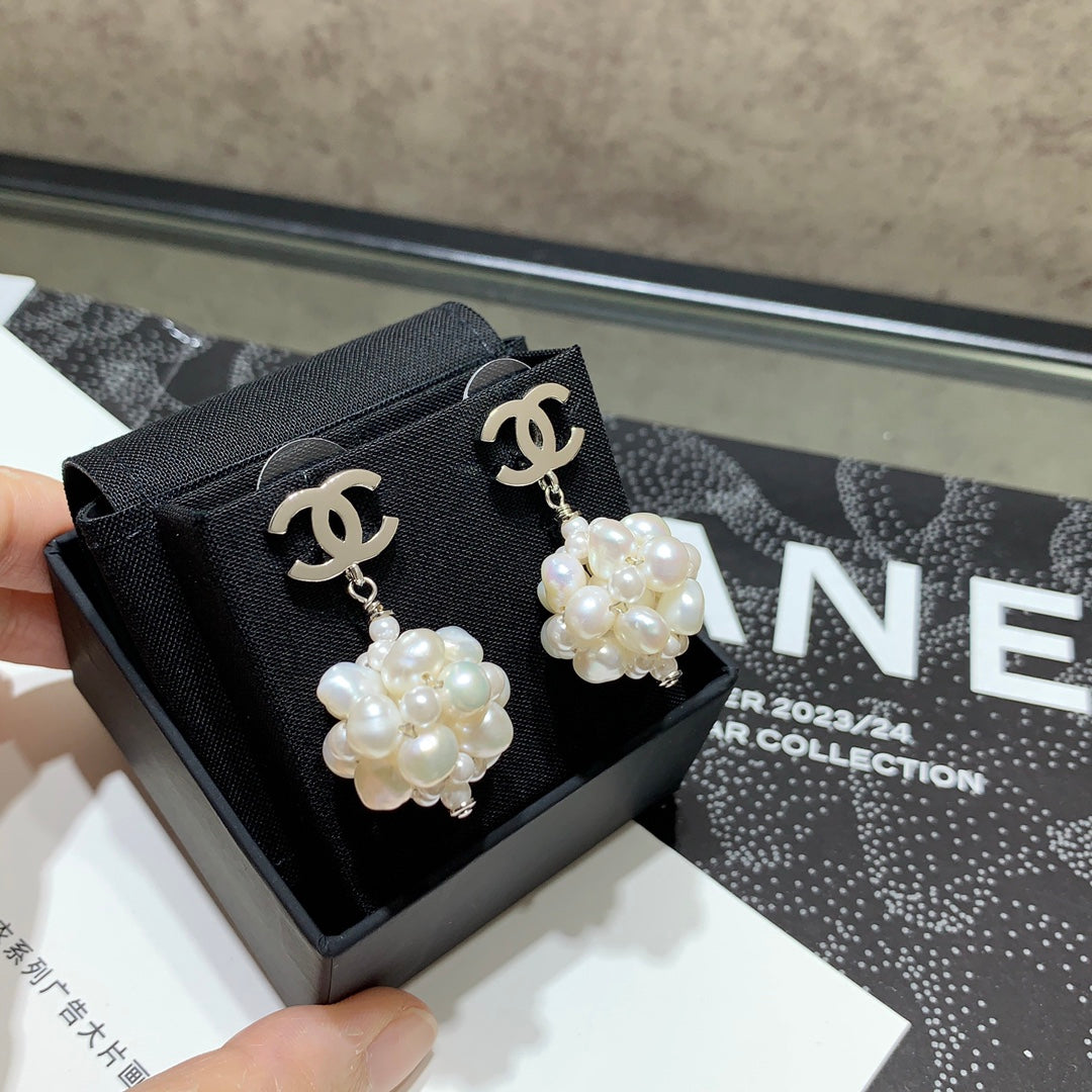 Chanel 2026 Silver Double C Pearl Flower Earrings
