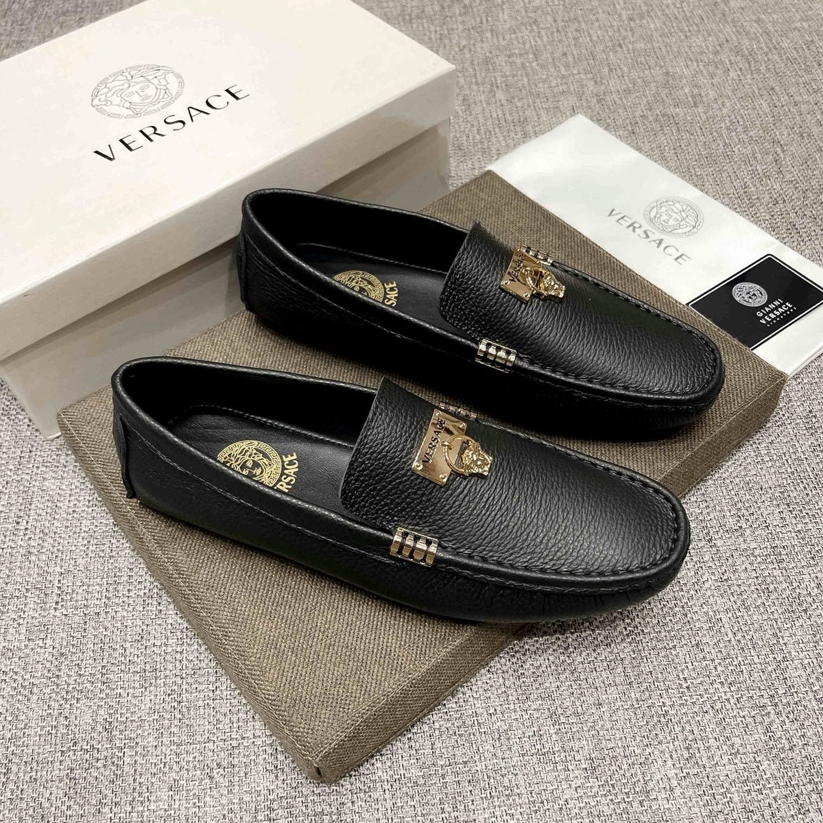 Versace Men's Black Loafers with Gold-Tone Hardware — front