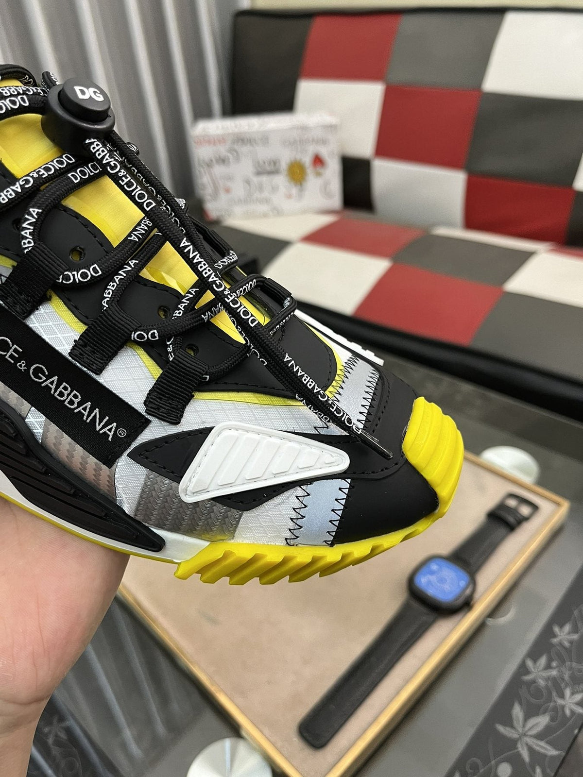 Dolce & Gabbana Black, White & Yellow Chunky Sneakers — detail