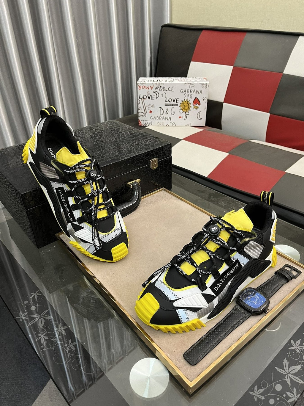 Dolce & Gabbana Black, White & Yellow Chunky Sneakers — front