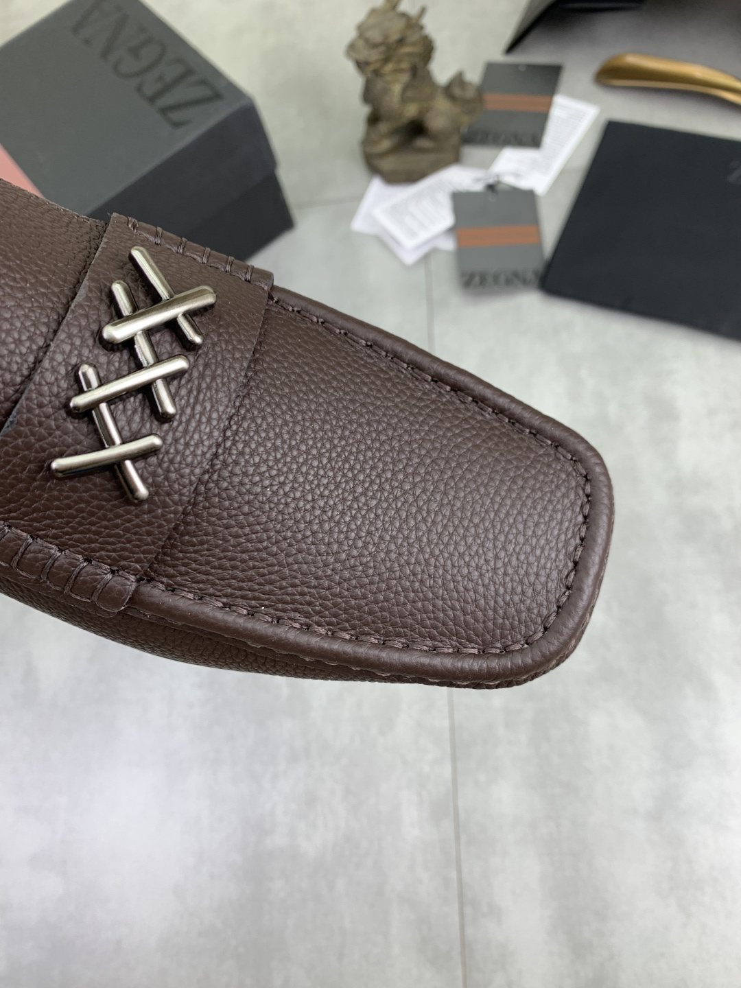 Zegna Square-Toe Leather Loafers with X Accents — detail