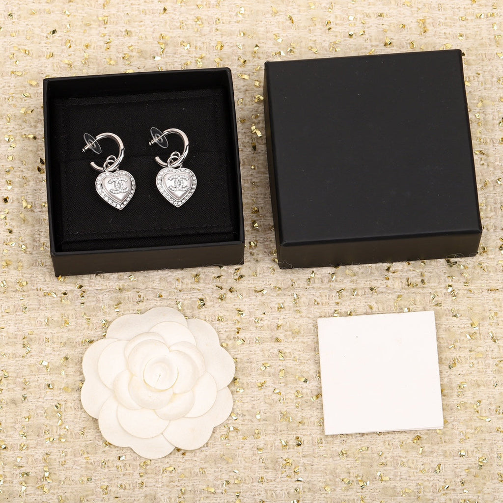 Chanel Double C Drop Heart Silver Diamonds Earrings